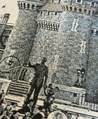 Vintage black and white photograph of the castle, Partner's Statue, and people.